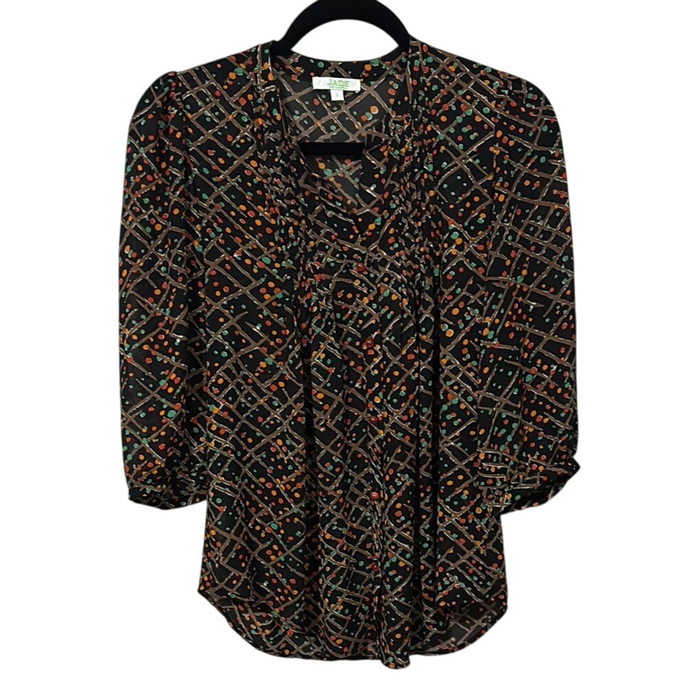 Jade Melody Tam Puff Sleeve Button Down Blouse Polka Dot Striped Grid‎